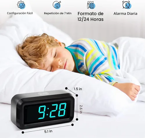 Vista 2 de Reloj despertador digital, funciona con pilas, con pantalla LED para dormitorios, larga duración de batería, brillo ajustable en 3 niveles, 12/24