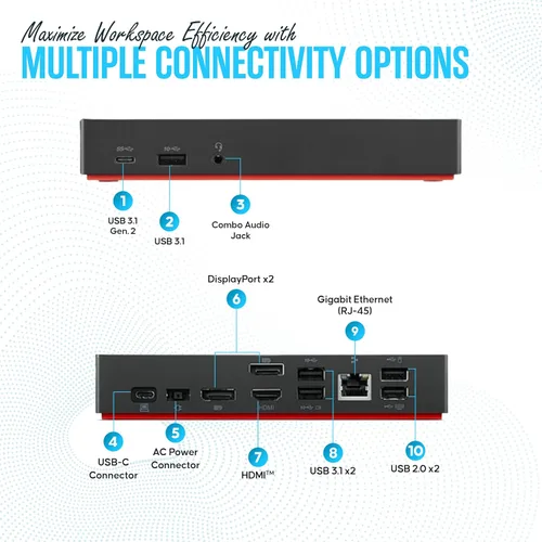 Vista 4 de 40AS0090US Lenovo Thinkpad Estación de acoplamiento USB-C Gen 2 - 1 año de garantía - Muelle Thunderbolt 3 Thinkpad, HDMI, DisplayPort y cable USB C