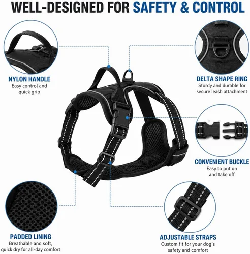 Vista 2 de Arnés negro sin tirones para perro con 2 clips para correa, chaleco acolchado suave para perros pequeños, chaleco reflectante ajustable fácil
