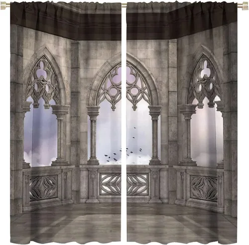 Vista 10 de Cortinas góticas con diseño de luna de Halloween, historia, puerta espeluznante, fondo de terror, vela, ficción, patrón de impresión, sala de estar