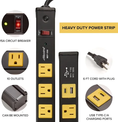 Vista 3 de Maxxima Regleta de alimentación resistente de 10 salidas con puertos USB, cable de extensión de 6 pies Surge Protected, 15A, Red On/Off Switch