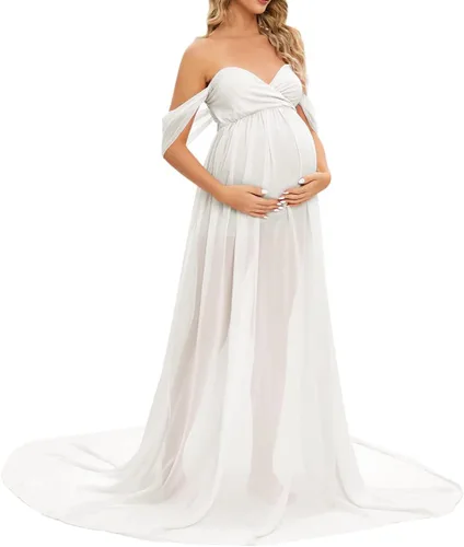 Vista 4 de ZIUMUDY Vestido largo de gasa de maternidad para sesión de fotos, fotografía con hombros descubiertos, vestido de gasa transparente envuelto
