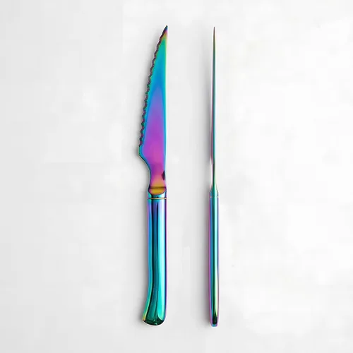 Vista 5 de Paquete de 6 cuchillos de carne de acero inoxidable arcoíris, iridiscentes dentados afilados para mesa de cocina