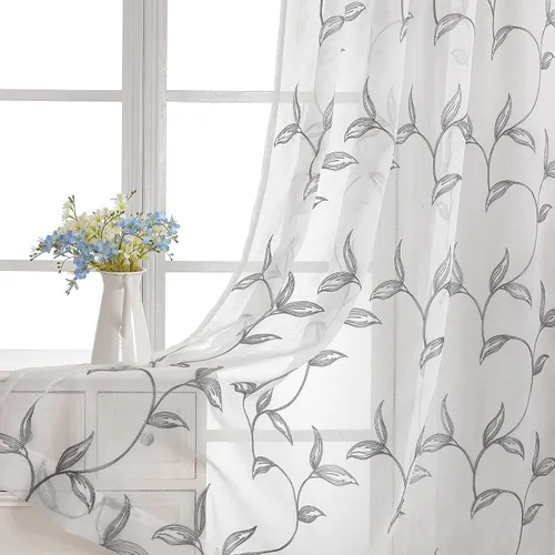 Vista 8 de VISIONTEX 2 paneles de cortinas traslúcidas de 63 in de largo, cortinas de gasa semitransparentes bordadas con hojas florales beige, bolsillo