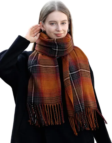 Vista 5 de Wander Agio Chal Largo de Moda para Mujer con Cuadrícula Grande, Bufanda Grande Cálida de Rejilla para Invierno Beige