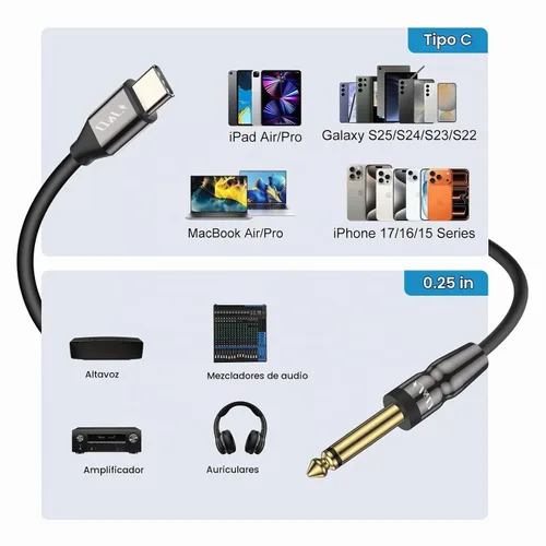 Vista 3 de J&D Cable adaptador auxiliar de interconexión de audio TS mono USB-C a 0.250 in de 1/4 pulgadas, compatible con iPhone 16/17 Series, Galaxy S24/S25