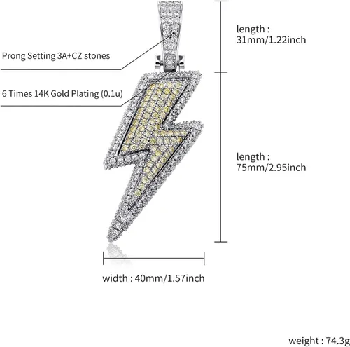 Vista 22 de JINAO Hip Hop - Colgante con diseño de rayo chapado en oro de 18 quilates con circonita cúbica con micropave de imitación de diamante para hombres