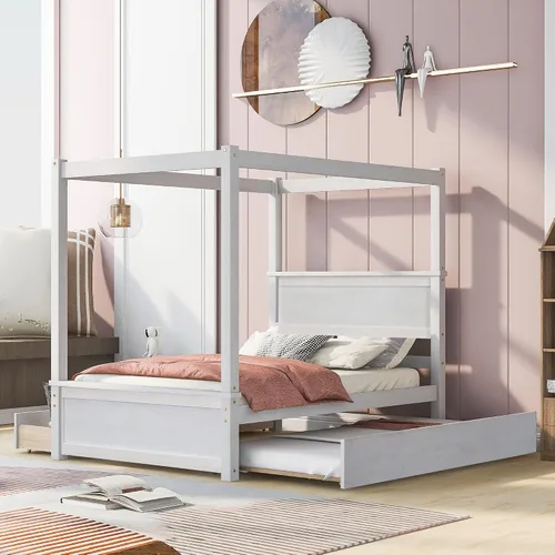 Vista 11 de Cama de plataforma de tamaño matrimonial, cama con dosel de madera con 2 cajones, cama de plataforma con dosel de tamaño matrimonial con listones