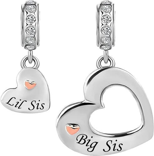 Vista 2 de KunBead Joyas de cumpleaños para hermana mayor, hermana pequeña, dijes colgantes de corazón, compatibles con pulseras Pandora, juego de collar
