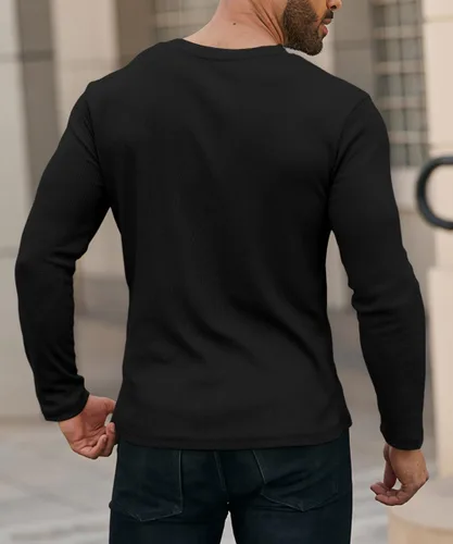 Vista 3 de Camisas Henley de manga larga con cuello en V y botones para hombre