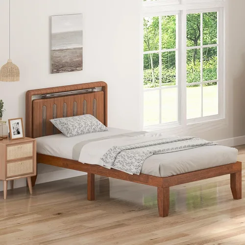 Vista 5 de KOMFOTT Armazón de cama de plataforma de madera de 14 pulgadas, tamaño Twin, base de colchón de madera con marco de madera de caucho, fuerte soporte