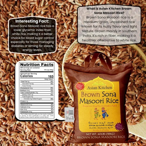 Vista 2 de Asian Kitchen Brown Sona Masoori - Arroz envejecido de 40 libras, 40 libras (40.0 lbs) de arroz de grano corto ~ Todo natural Apto para gluten