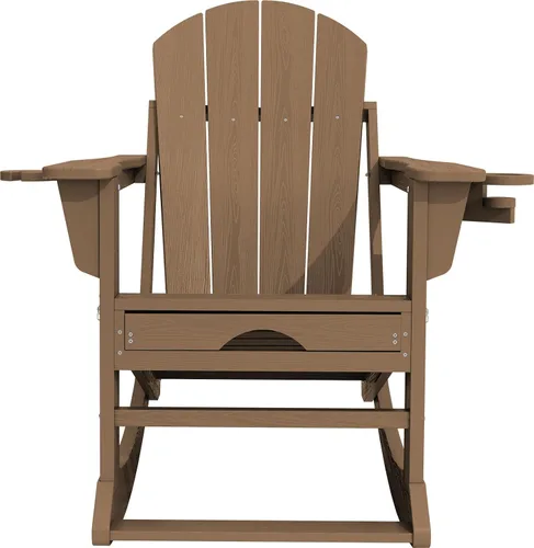 Vista 7 de KINGYES Silla mecedora Adirondack con otomano retráctil y portavasos, silla reclinable de patio Adirondack de HDPE para porche, patio, balcón, Teca