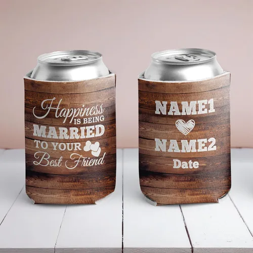 Vista 3 de VictoryStore Enfriadores de latas y bebidas: la felicidad es estar casado con tu mejor amigo Enfriadores de latas de boda
