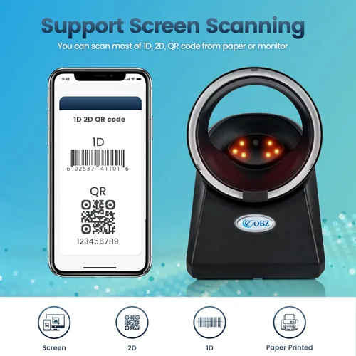 Vista 4 de OBZ Escáner de código de barras QR 2D omnidireccional, lector de plataforma de escritorio USB manos libres para códigos 1D/2D, detección automática