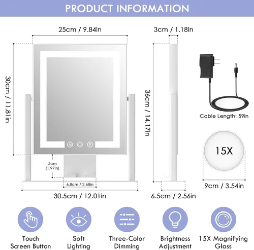 Vista 6 de Espejo de Maquillaje con Luces, Espejo de Tocador con 3 Modos de Iluminación, Espejo Iluminado, Sensor Táctil, Alimentado por CA, Giratorio 360°