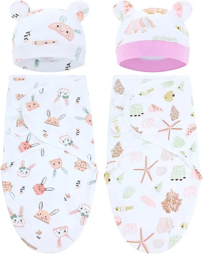 Vista 11 de Cinaci 2 piezas ajustables de algodón suave para bebé, gorros para bebé, gorros, gorros, gorros, manta para envolver al bebé, niñas, niños y recién