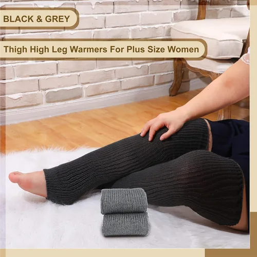 Vista 5 de Eurzom 2 pares de calentadores de piernas de talla grande para mujer, por encima de la rodilla, calcetines sin pies, pierna alta, invierno, tejido