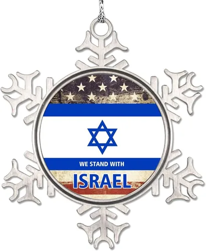 Vista 11 de Adornos de copo de nieve con la bandera estadounidense de Israel United We Stand with Israel, decoraciones de Navidad para árbol, adornos de Navidad