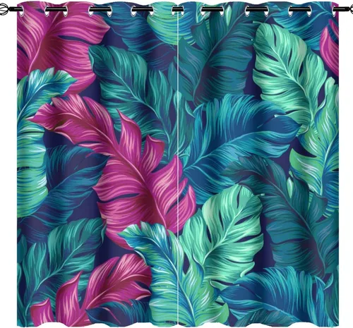 Vista 40 de Cortinas abstractas de hojas tropicales, acuarela tropical, hojas de palma, verano hawaiano, plátano, aislamiento térmico, cortinas completas