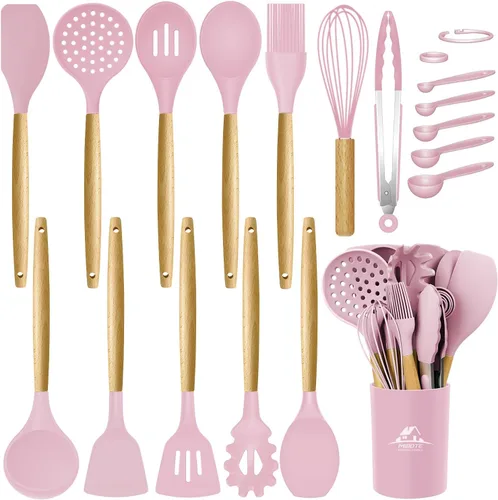 Vista 11 de MIBOTE Juego de utensilios de cocina de silicona con soporte, mangos de madera, pinzas para voltear, espátula, cuchara, utensilios de cocina