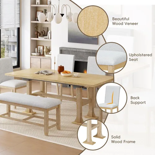 Vista 8 de Juego de mesa de comedor extensible de 6 piezas, juego de mesa de comedor para 6 personas con caballete de banco, juego de mesa de cocina con 4