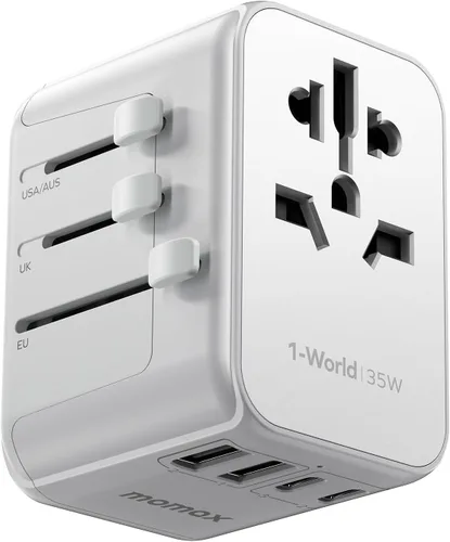 Vista 11 de MOMAX Adaptador de viaje universal, adaptador de enchufe internacional de 20 W+18 W con 2 USB-A de carga rápida y 1 USB C PD de carga rápida, 1 CA
