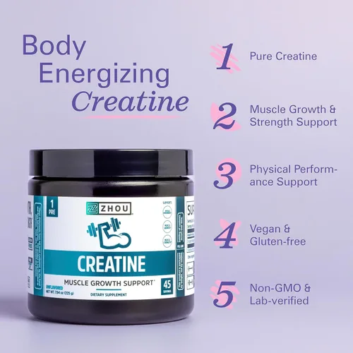 Vista 3 de Zhou Creatina - Monohidrato de creatina en polvo para mujeres y hombres, puro, sin sabor, suplemento vegano de fuerza muscular para tu