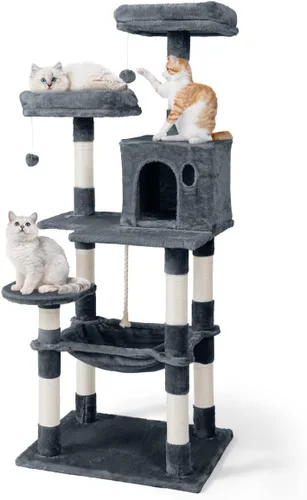 Vista 15 de BOWHAUS Árbol alto para gatos grandes o gatitos de interior, árbol de actividades para gatos de varios niveles con postes rascadores, hamaca