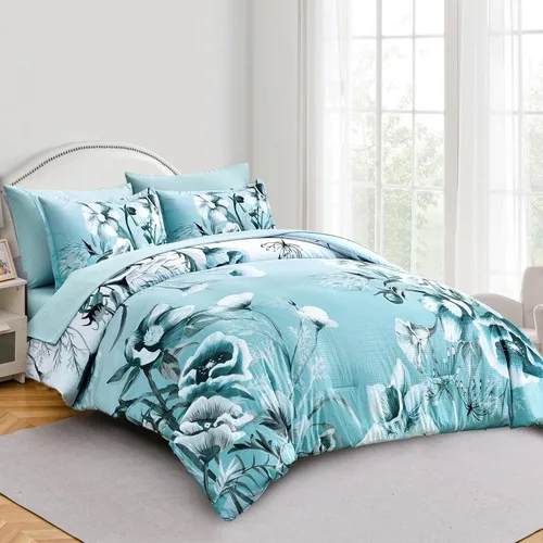 Vista 2 de Luxudecor Juego de edredón floral tamaño individual de 7 piezas, cama de flores aguamarina en una bolsa, elegante edredón floral degradado con juego