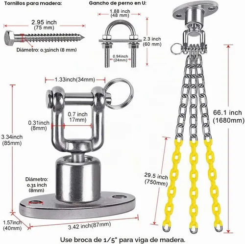 Vista 6 de BeneLabel - Kit de cadenas de oscilación para neumáticos, rotación de 360°, resistente con cadenas recubiertas y ganchos para columpios