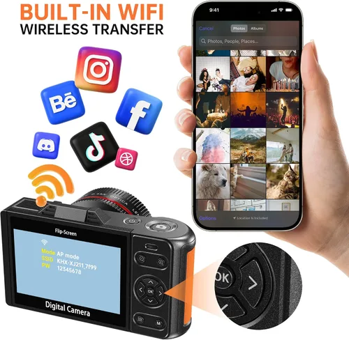 Vista 11 de 6K 96MP Flip Screen Digital Camera for Photography, WiFi, Dual Lens