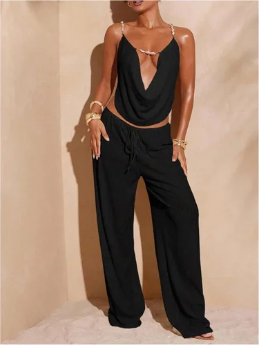 Vista 5 de MakeMeChic Pantalones de playa holgados para mujer Negro