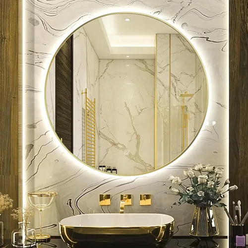Vista 13 de Espejo de Baño LED Redondo de 24", Espejo de Tocador Retroiluminado Montado en Pared con Marco Biselado de 45°, Espejo Iluminado para Dormitorio