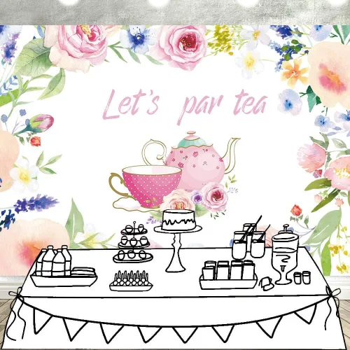 Vista 2 de Let's Par - Telón de fondo para fotografía de té, 5 x 3 pies, tetera, tetera, tema de té, despedida de soltera, compromiso, despedida de soltera
