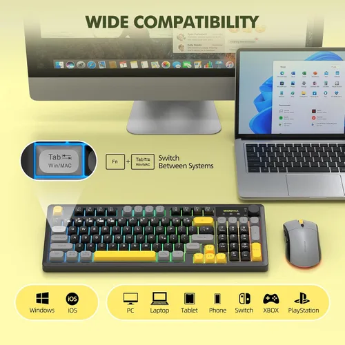 Vista 5 de Combo de teclado y mouse inalámbricos cremoso con teclado numérico para computadora de escritorio, Mac, iPad, Bluetooth/2.4 ghz/recargable