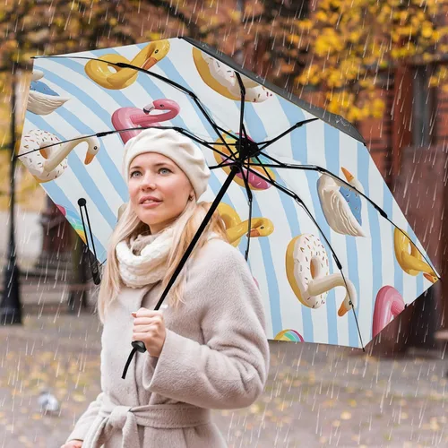 Vista 7 de ALAZA Folding Umbrella Flamingo Swan Circlen Bule Stripes Compact Travel Umbrella Automatic Open Close, Inverted Umbrellas for Rain Windproof UV