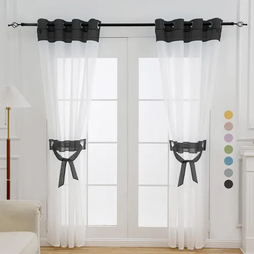 Vista 9 de L.Z.E - Cortinas transparentes blancas y negras de 63 pulgadas de largo, 2 paneles para sala de estar, cortinas elegantes y modernas transparentes