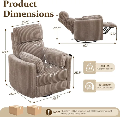 Vista 2 de SAMERY Silla reclinable giratoria eléctrica con reposacabezas ajustable, silla reclinable mecedora extra ancha con 2 almohadas/portavasos/USB/LED