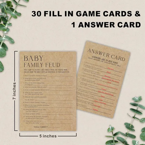 Vista 2 de Tarjeta de juego para baby shower, juego de 30 tarjetas de papel kraft con doble impresión, pelea familiar con 1 tarjeta de respuesta para bebé