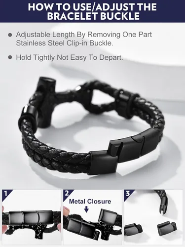 Vista 7 de Bandmax Pulsera trenzada de cuero negro para hombre con colgante gótico punk, pulsera de cuero con hebilla de acero inoxidable, paquete de regalo