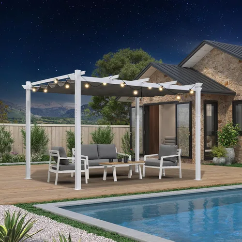Vista 54 de PURPLE LEAF Pérgola de 10 x 12 pies con toldo retráctil, pérgola cuadrada de bronce de aluminio para patio al aire libre, junto a la piscina, beige