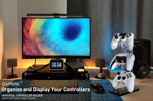 Vista 48 de OAPRIRE Headset and Controller Stand with Lights, 2 Tier Acrylic Game Controller Holder, Controller and Headset Stand for Desktop,Universal Design