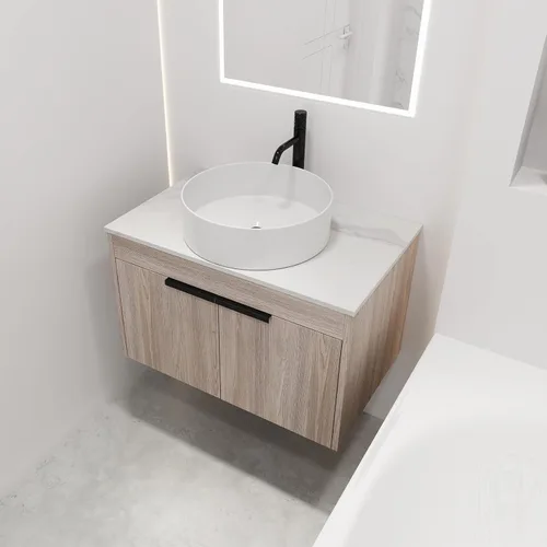Vista 10 de Tocador de baño flotante con fregadero, armario de baño montado en la pared de 24 pulgadas, tocador de almacenamiento brillante debajo de la unidad
