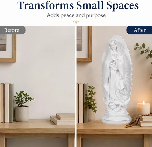 Vista 11 de DECHOUS Estatua de la Señora de Guadalupe blanca – 7.5 pulgadas de alto, figura religiosa de resina de Guadalupe para oficina en casa, estatua