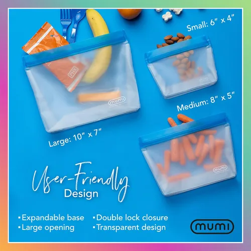 Vista 3 de MUMI Piccolo Bolsas reutilizables con cremallera, juego de 3 bolsas de silicona con cierre hermético Bolsas reutilizables con cierre hermético