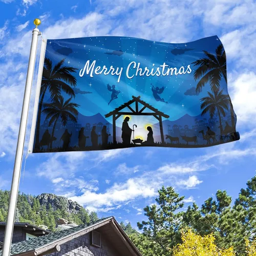 Vista 6 de Bandera de Navidad de 3 x 5 pies, doble impresa, nacimiento religioso de Jesús, Natividad Santa Noche Santa Feliz Navidad, telón de fondo colgante