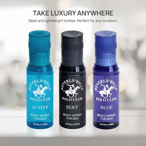 Vista 5 de Beverly Hills Polo Club Colección Signature Body Spray para hombre Juego de 3 piezas: azul, activo, sexy, fragancias versátiles para cada ocasión