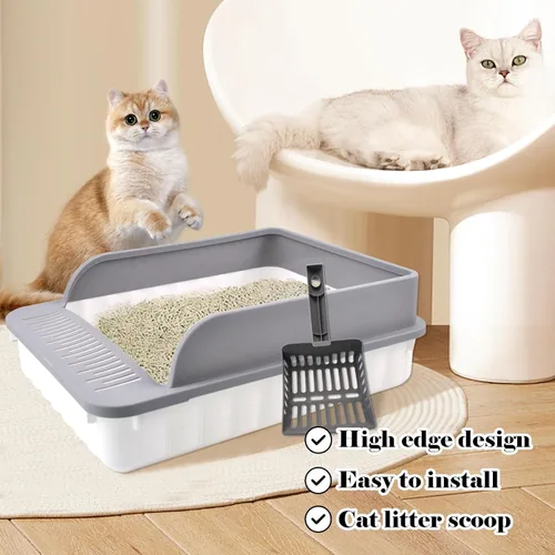 Vista 3 de Caja de arena abierta para gatos con lado alto antisalpicaduras para gatos con cuchara tamizadora de arena semi-cerrada, bandeja de arena