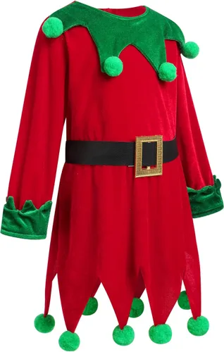 Vista 3 de Disfraz de elfo de Navidad para niños y niñas, vestido de lentejuelas de terciopelo con medias y zapatos, cubierta de sombrero de Papá Noel, trajes